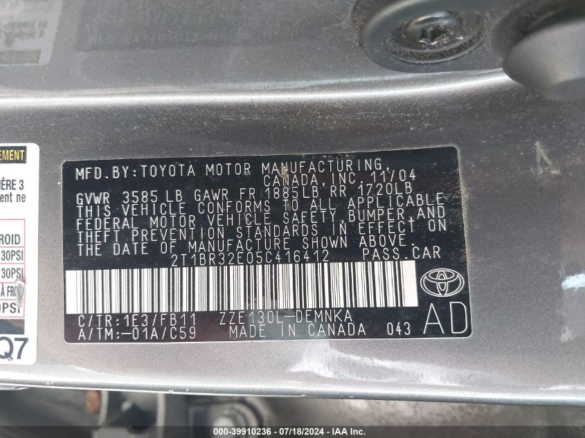 2T1BR32E05C416412 | 2005 TOYOTA COROLLA