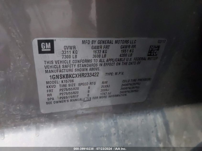 2017 Chevrolet Tahoe K1500 Lt VIN: 1GNSKBKCXHR233422 Lot: 39910238