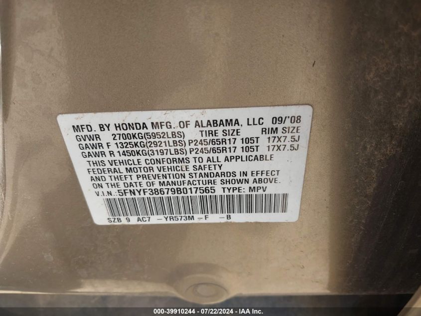 2009 Honda Pilot Ex-L VIN: 5FNYF38679B017565 Lot: 39910244