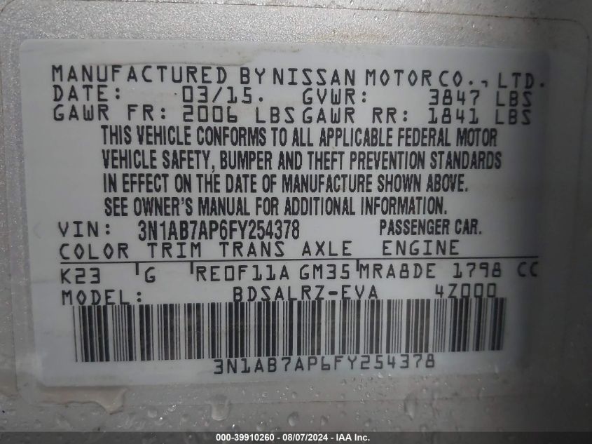 2015 Nissan Sentra Sr VIN: 3N1AB7AP6FY254378 Lot: 39910260