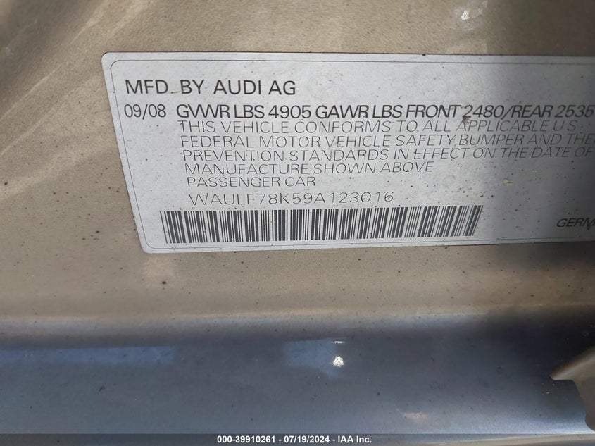 2009 Audi A4 2.0T Premium VIN: WAULF78K59A123016 Lot: 39910261
