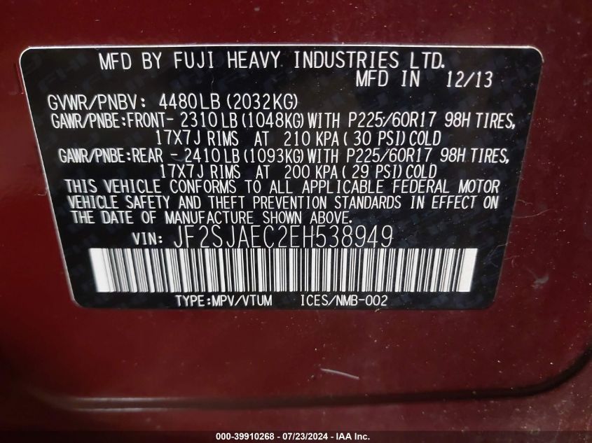 2014 Subaru Forester 2.5I Premium VIN: JF2SJAEC2EH538949 Lot: 39910268