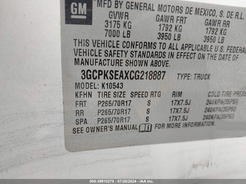 2012 Chevrolet Silverado 1500 Lt VIN: 3GCPKSEAXCG218887 Lot: 39910278