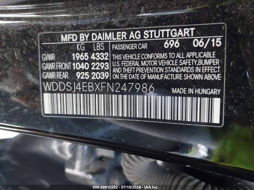 WDDSJ4EBXFN247986 2015 Mercedes-Benz Cla 250