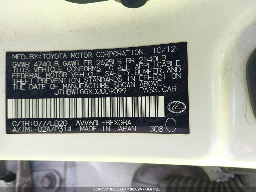 2013 Lexus Es 300H VIN: JTHBW1GGXD2009099 Lot: 39910286