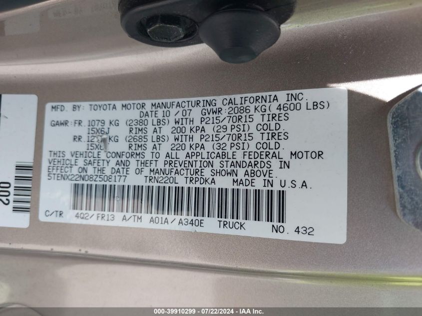 2008 Toyota Tacoma VIN: 5TENX22N08Z508177 Lot: 39910299
