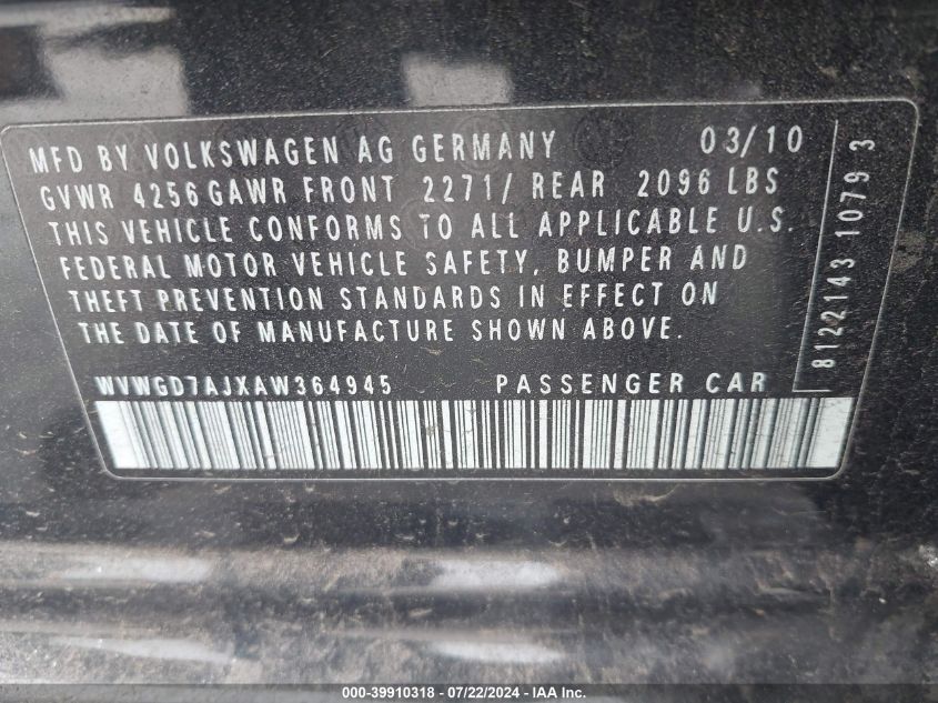 2010 Volkswagen Gti 4-Door VIN: WVWGD7AJXAW364945 Lot: 39910318