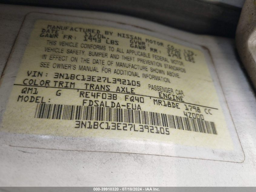 2007 Nissan Versa 1.8S VIN: 3N1BC13E27L392105 Lot: 39910320