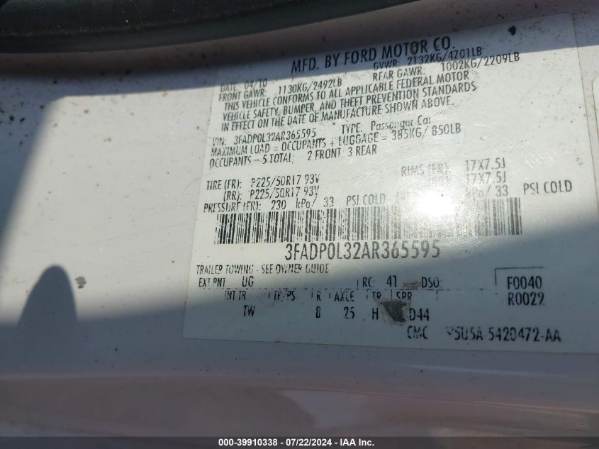 2010 Ford Fusion Hybrid VIN: 3FADP0L32AR365595 Lot: 39910338