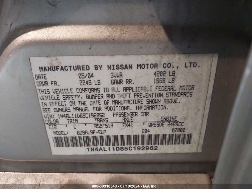 2005 Nissan Altima 2.5 S VIN: 1N4AL11D85C192962 Lot: 39910340