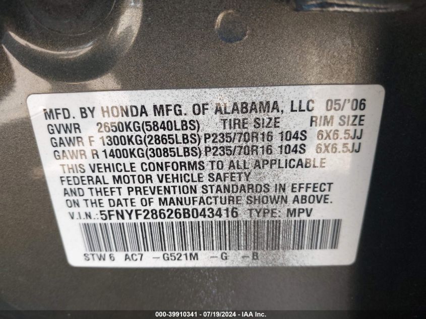 2006 Honda Pilot Ex VIN: 5FNYF28626B043416 Lot: 39910341