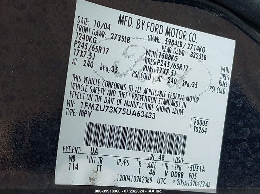 2005 Ford Explorer Xlt/Xlt Sport VIN: 1FMZU63K75UB98812 Lot: 39910360