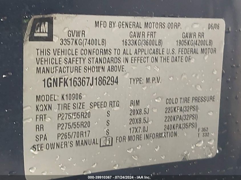 2007 Chevrolet Suburban 1500 Ltz VIN: 1GNFK16367J186294 Lot: 39910367