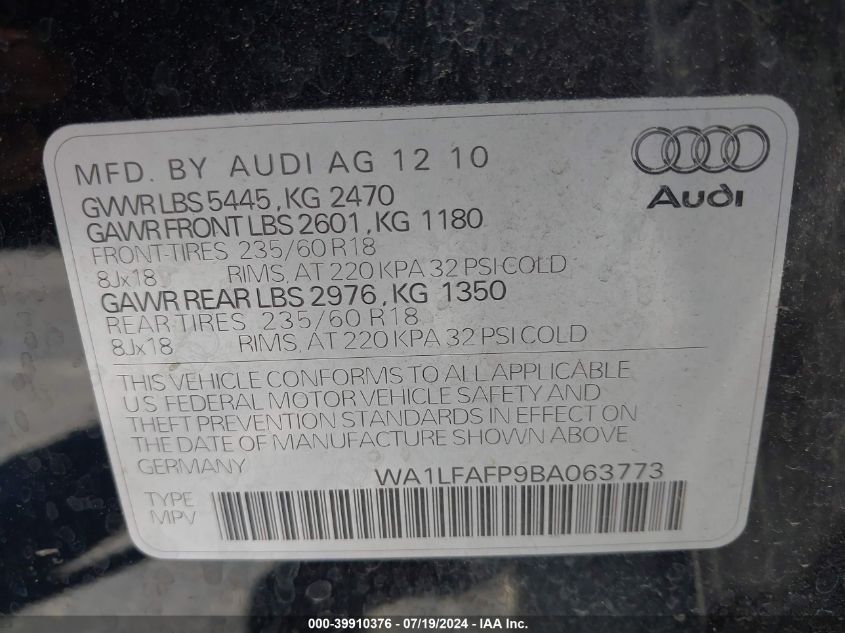 2011 Audi Q5 2.0T Premium VIN: WA1LFAFP9BA063773 Lot: 39910376