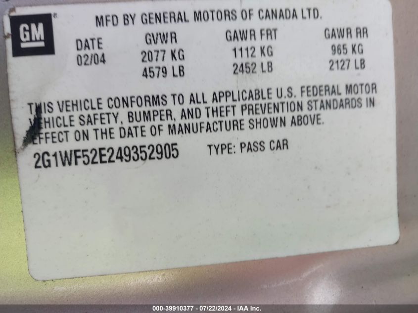 2004 Chevrolet Impala VIN: 2G1WF52E249352905 Lot: 39910377