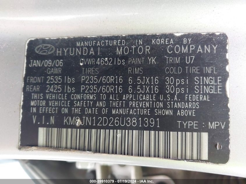 2006 Hyundai Tucson Gls/Limited VIN: KM8JN12D26U381391 Lot: 39910379