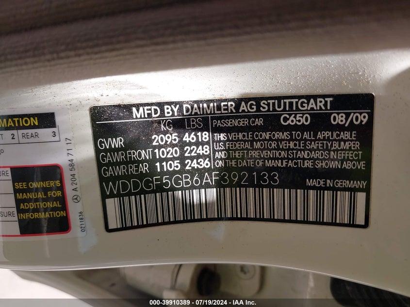 2010 Mercedes-Benz C 350 Sport VIN: WDDGF5GB6AF392133 Lot: 39910389