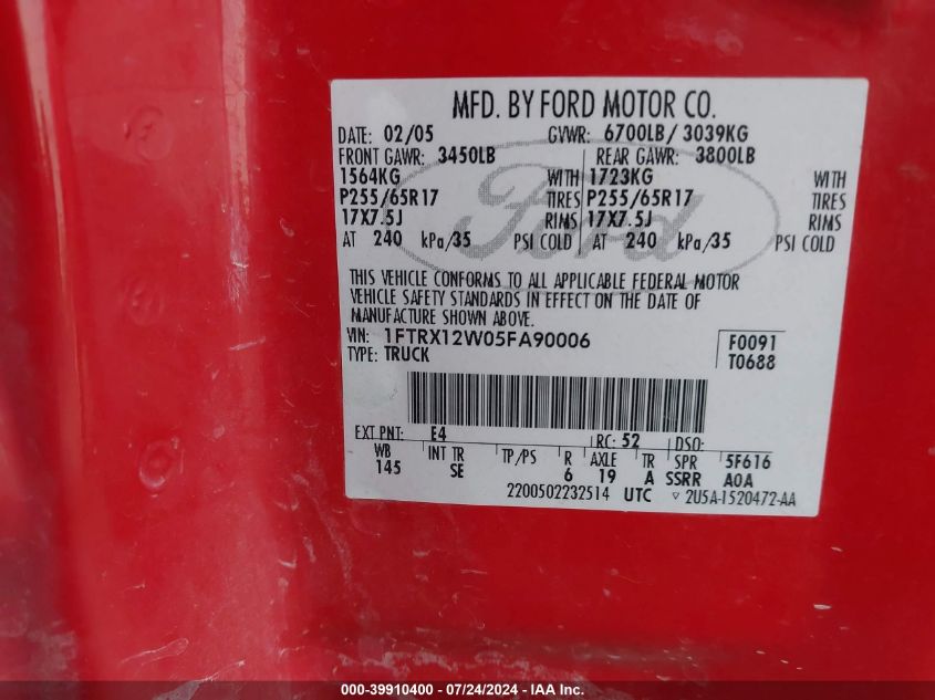 2005 Ford F-150 Stx/Xl/Xlt VIN: 1FTRX12W05FA90006 Lot: 39910400