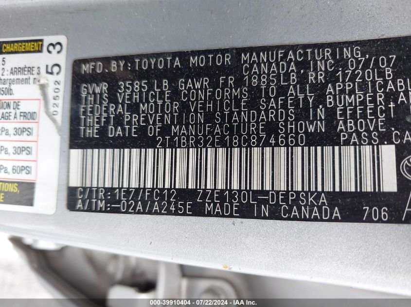 2008 Toyota Corolla S VIN: 2T1BR32E18C874660 Lot: 39910404