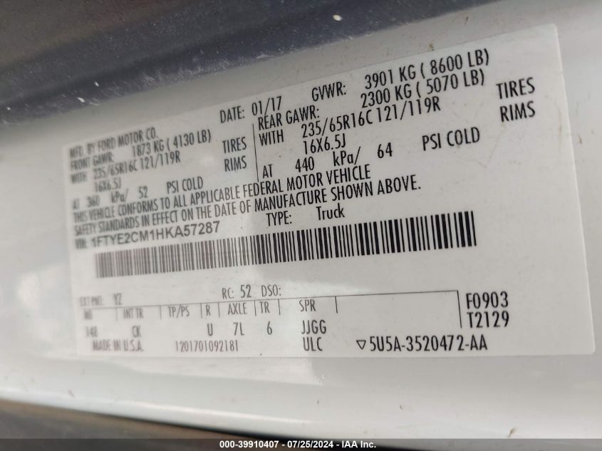 2017 Ford Transit-150 VIN: 1FTYE2CM1HKA57287 Lot: 39910407