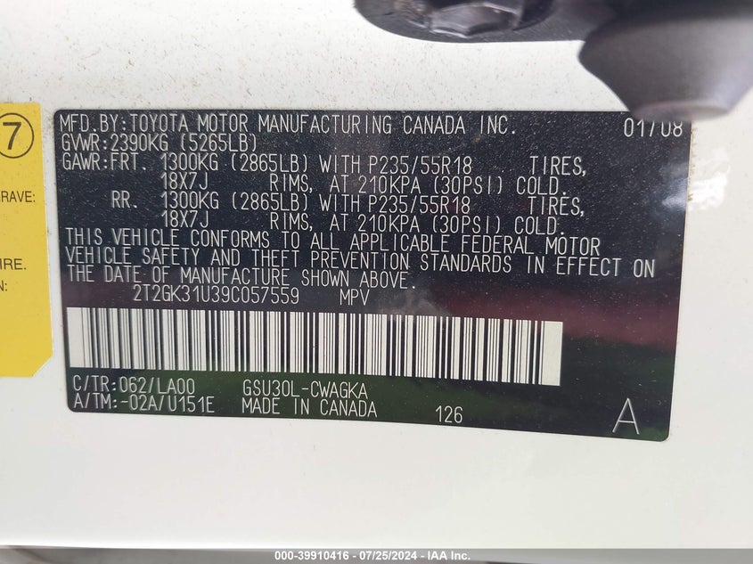 2009 Lexus Rx 350 VIN: 2T2GK31U39C057559 Lot: 39910416