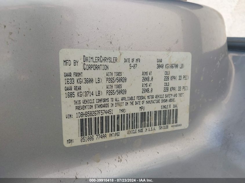 2007 Dodge Durango Limited VIN: 1D8HB58267F574451 Lot: 39910418
