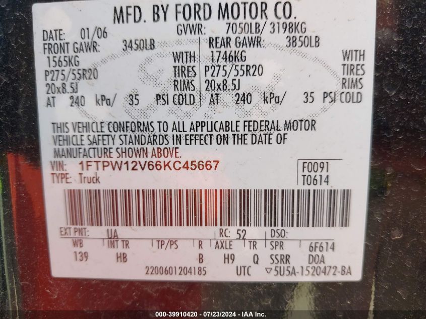 2006 Ford F-150 Lariat/Xlt VIN: 1FTPW12V66KC45667 Lot: 39910420