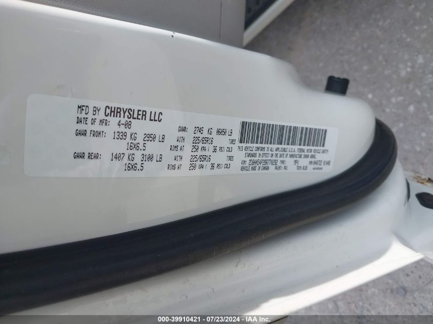 2008 Dodge Grand Caravan Sxt VIN: 2D8HN54P28R770292 Lot: 39910421