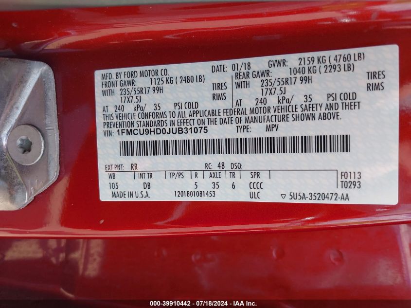 2018 Ford Escape Sel VIN: 1FMCU9HD0JUB31075 Lot: 39910442