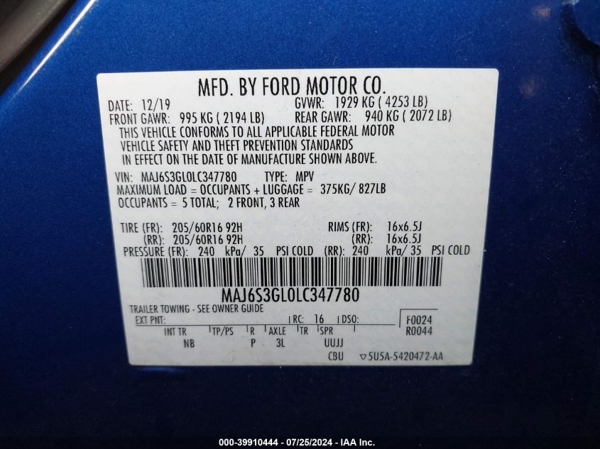 2020 Ford Ecosport Se VIN: MAJ6S3GL0LC347780 Lot: 39910444