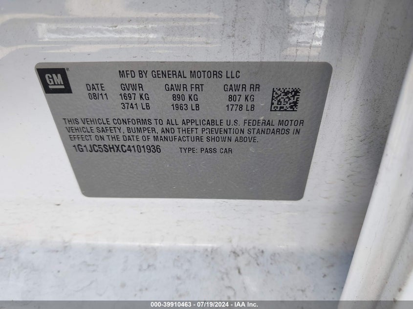 2012 Chevrolet Sonic 2Lt VIN: 1G1JC5SHXC4101936 Lot: 39910463