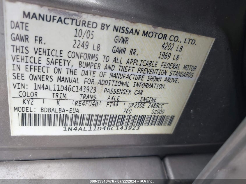 1N4AL11D46C143923 2006 Nissan Altima 2.5 S