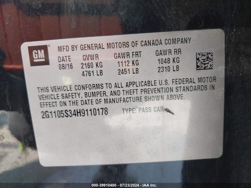 2017 Chevrolet Impala 1Lt VIN: 2G1105S34H9110178 Lot: 39910480