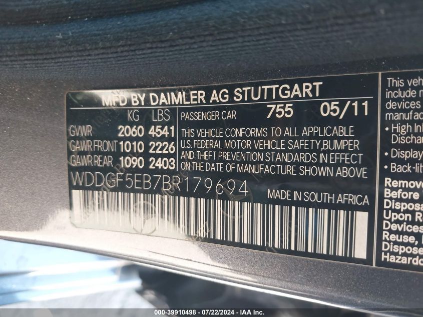 2011 Mercedes-Benz C 300 Luxury/Sport VIN: WDDGF5EB7BR179694 Lot: 39910498