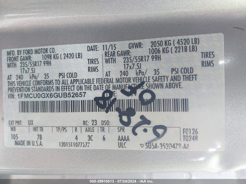 2016 Ford Escape Se VIN: 1FMCU0GX6GUB52657 Lot: 39910513