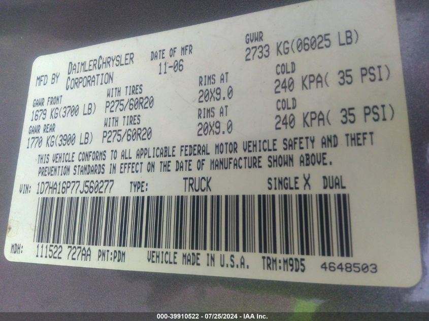 2007 Dodge Ram 1500 Slt/Sport VIN: 1D7HA16P77J560277 Lot: 39910522
