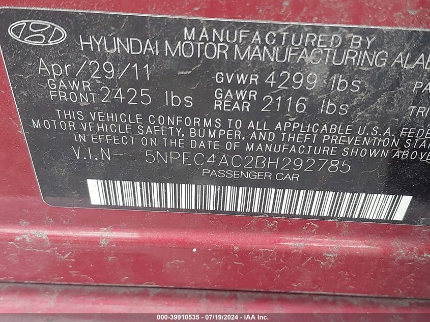 2011 Hyundai Sonata Se VIN: 5NPEC4AC2BH292785 Lot: 39910535