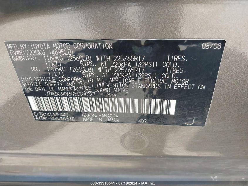 2009 Toyota Rav4 Limited V6 VIN: JTMZK34V695024327 Lot: 39910541