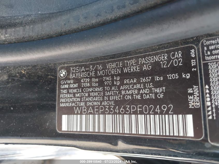 2003 BMW 325Xit VIN: WBAEP33463PF02492 Lot: 39910540