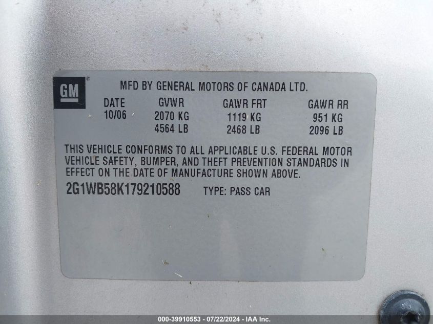 2007 Chevrolet Impala Ls VIN: 2G1WB58K179210588 Lot: 39910553