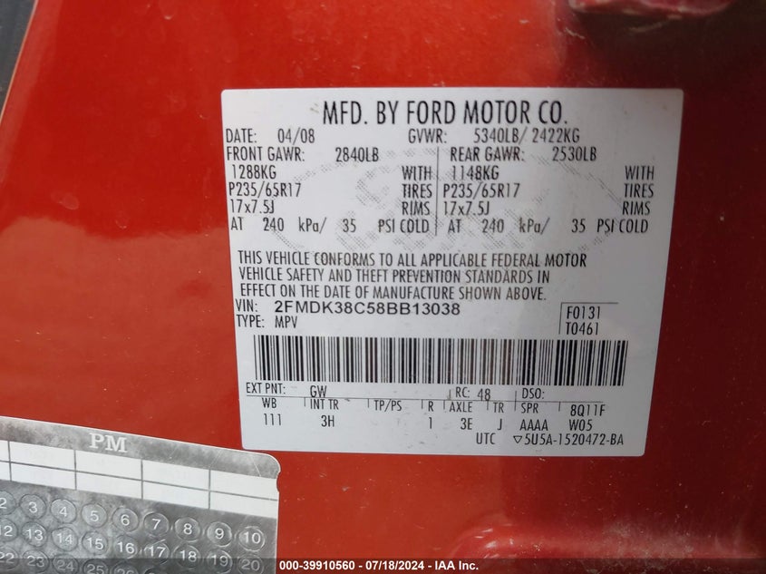 2008 Ford Edge Sel VIN: 2FMDK38C58BB13038 Lot: 39910560