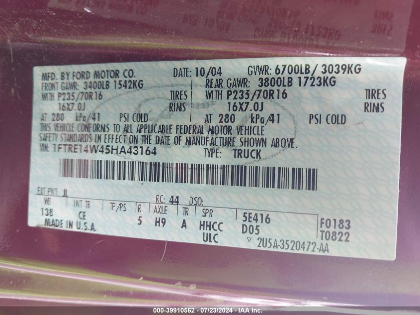 2005 Ford E-150 Commercial/Recreational VIN: 1FTRE14W45HA43164 Lot: 39910562
