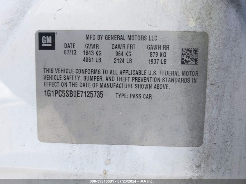 2014 Chevrolet Cruze 1Lt Auto VIN: 1G1PC5SB0E7125735 Lot: 39910591
