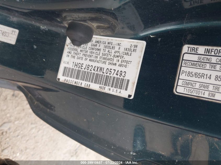 1998 Honda Civic Ex VIN: 1HGEJ824XWL057493 Lot: 39910657