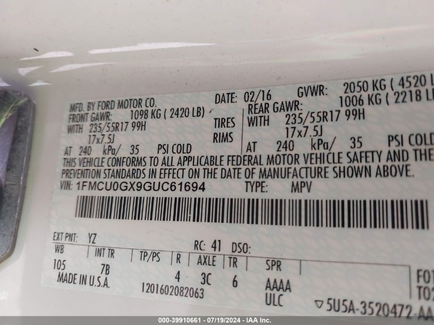 2016 Ford Escape Se VIN: 1FMCU0GX9GUC61694 Lot: 39910661