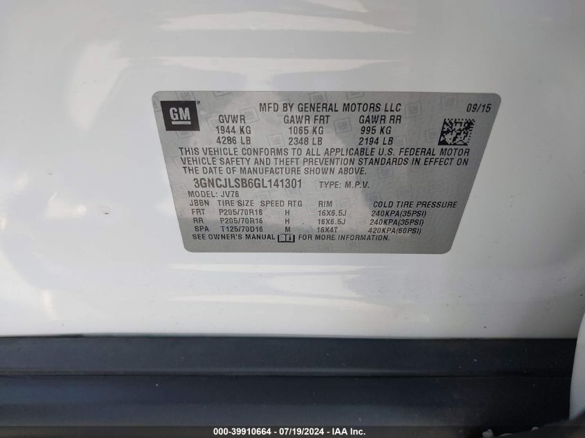 2016 Chevrolet Trax 1Lt VIN: 3GNCJLSB6GL141301 Lot: 39910664