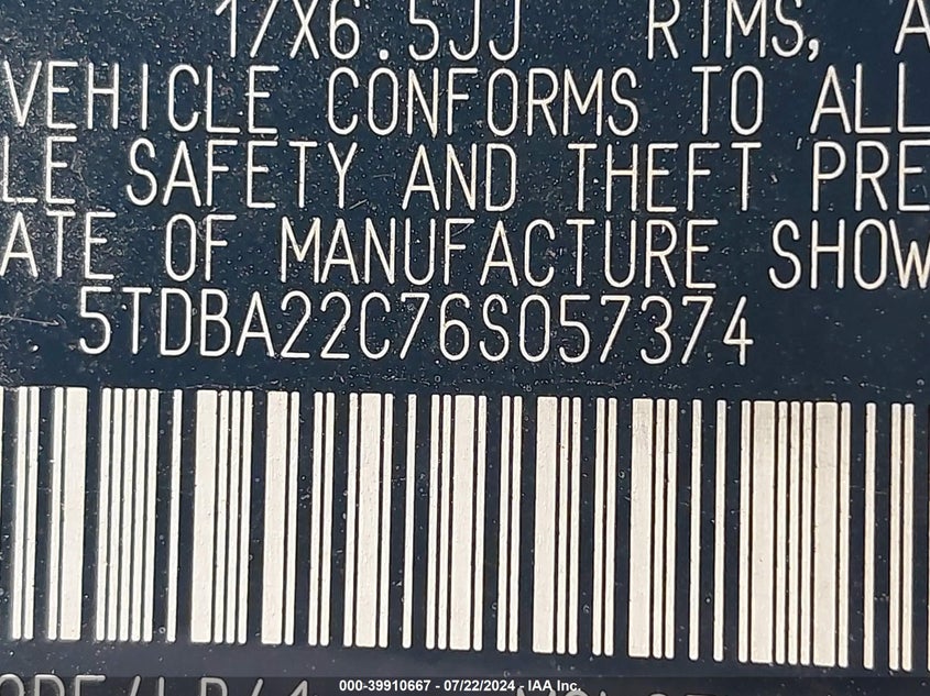 2006 Toyota Sienna Xle Limited VIN: 5TDBA22C76S057374 Lot: 39910667