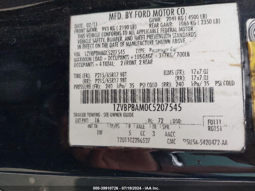 2012 Ford Mustang V6 VIN: 1ZVBP8AM0C5207545 Lot: 39910726