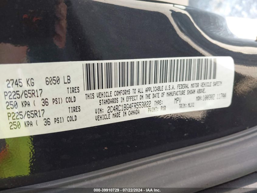 2015 Chrysler Town & Country Touring VIN: 2C4RC1BG4FR553022 Lot: 39910729