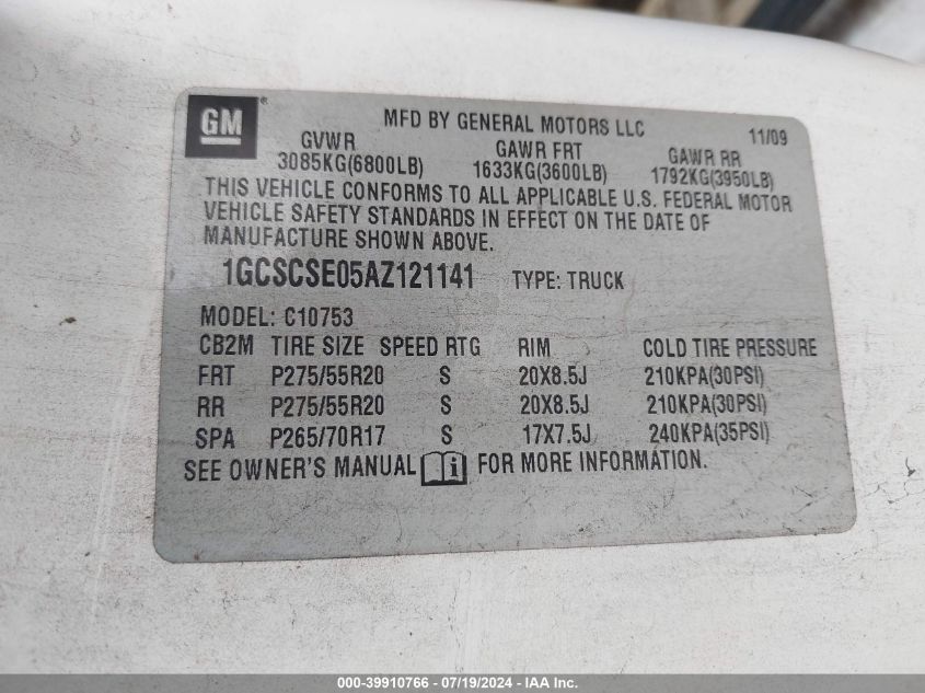 2010 Chevrolet Silverado C1500 Lt VIN: 1GCSCSE05AZ121141 Lot: 39910766